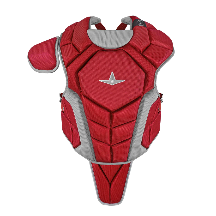 The All Star Top Star Catcher's Chest Protector: CPCC-TS, by All Star, is a red and gray NOCSAE-standard padded chest protector with an attached shoulder guard—perfect for travel ball catchers. Shown on a plain white background.