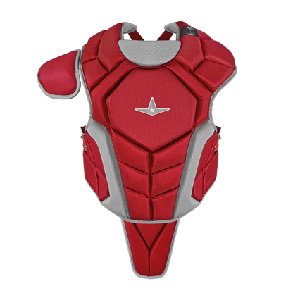 The All Star Top Star Catcher's Chest Protector: CPCC-TS, by All Star, is a red and gray NOCSAE-standard padded chest protector with an attached shoulder guard—perfect for travel ball catchers. Shown on a plain white background.