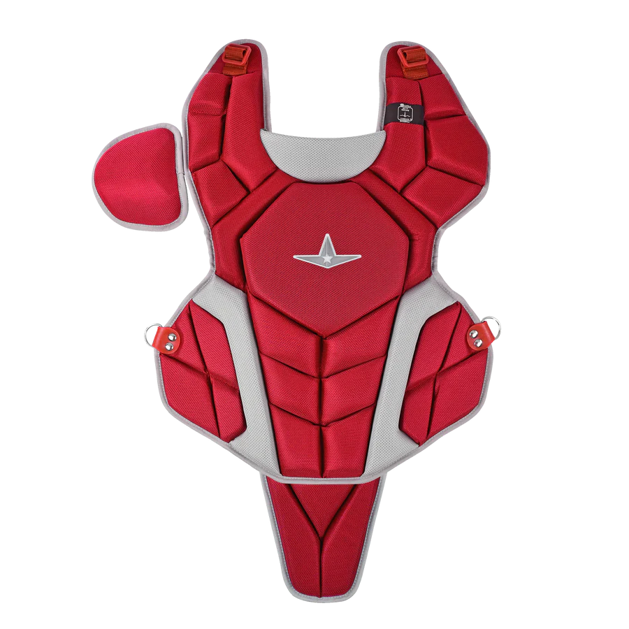 The All Star Top Star Catcher's Chest Protector: CPCC-TS by All Star features a red and grey design, providing travel ball catchers with standout style and dependable protection.