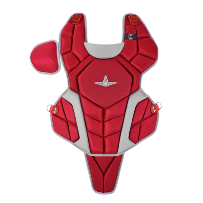 The All Star Top Star Catcher's Chest Protector: CPCC-TS by All Star features a red and grey design, providing travel ball catchers with standout style and dependable protection.