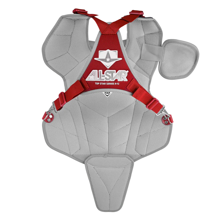 The All Star Top Star Catcher's Chest Protector (CPCC-TS) features gray and red padding, adjustable red straps, NOCSAE certification, and displays the All Star logo in white and red on the front center.