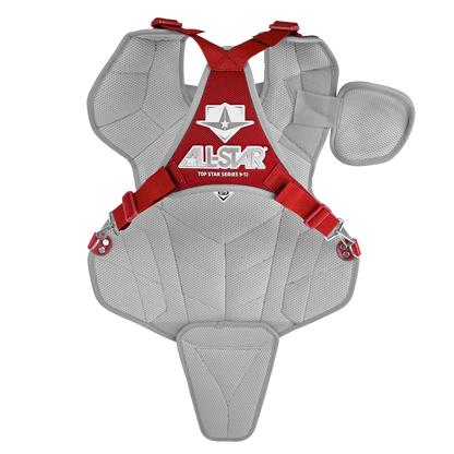 The All Star Top Star Catcher's Chest Protector (CPCC-TS) features gray and red padding, adjustable red straps, NOCSAE certification, and displays the All Star logo in white and red on the front center.