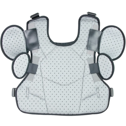 The All Star Internal Shell Umpire Chest Protector: CPU26 features light gray, padded protection with HDPE plates, cushioned side pads, adjustable straps, a dotted pattern, and a DeltaFlex harness for comfort.