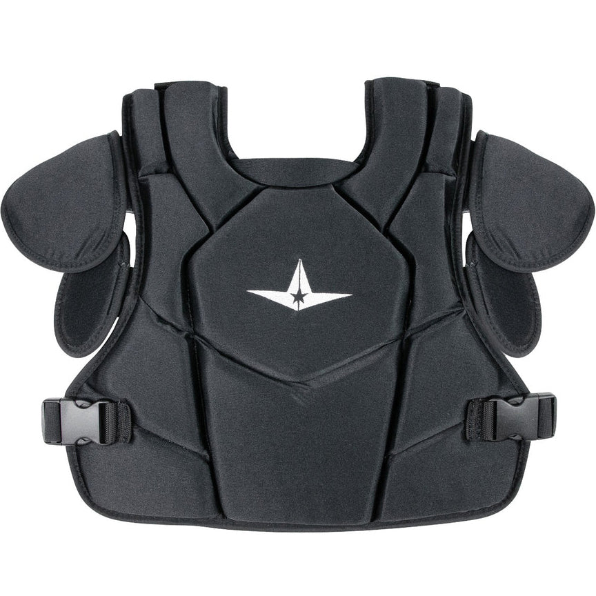 The All Star CPU26 Internal Shell Umpire Chest Protector features shoulder padding, a white star logo, HDPE plates, adjustable side straps, and a segmented DeltaFlex harness for flexibility and comfort.