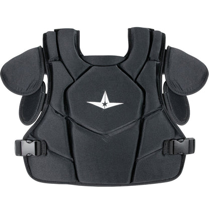 The All Star CPU26 Internal Shell Umpire Chest Protector features shoulder padding, a white star logo, HDPE plates, adjustable side straps, and a segmented DeltaFlex harness for flexibility and comfort.