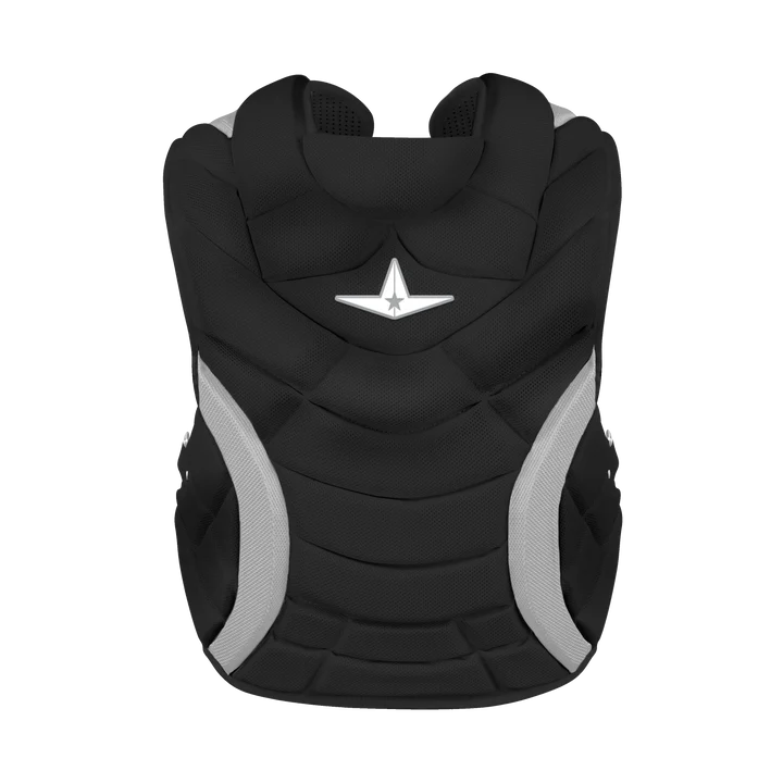The All Star Heiress Fastpitch Catcher's Kit: CKW-H by All Star is a black and grey vest, ideal for any serious player as part of their fastpitch catching kit or catcher set.