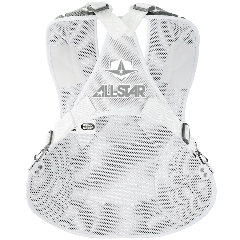 The All Star Heiress Fastpitch Catcher's Kit: CKW-H features a white and grey chest protector with mesh fabric, adjustable straps, metal clasps, and the All Star logo. Lightweight and contoured, it’s ideal for catcher sets or travel ball gear.