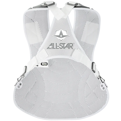 The All Star Heiress Fastpitch Catcher's Kit: CKW-H features a white and grey chest protector with mesh fabric, adjustable straps, metal clasps, and the All Star logo. Lightweight and contoured, it’s ideal for catcher sets or travel ball gear.