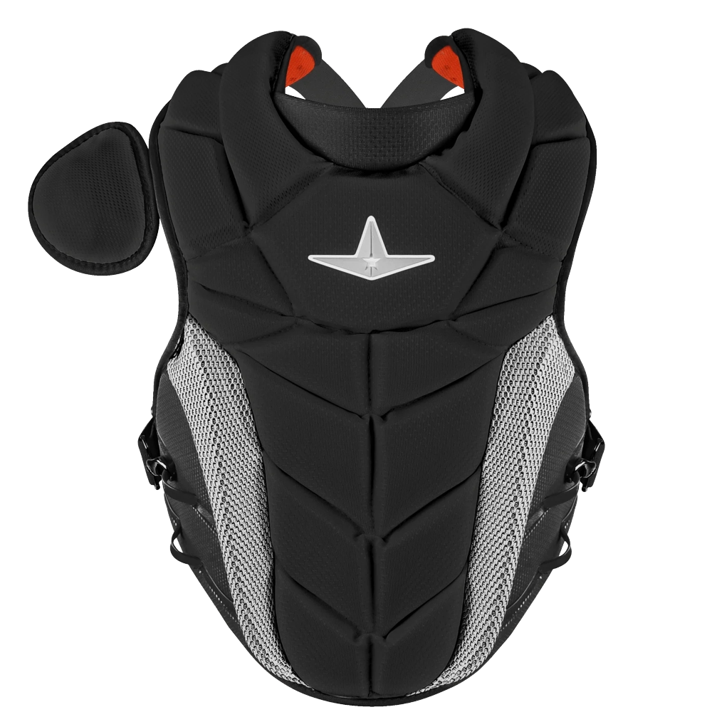 Introducing the All Star PHX Paige Halstead Fastpitch Catcher’s Chest Protector: CPW-PHX—a black and gray padded chest protector by All Star, featuring mesh side panels, adjustable straps, and a removable shoulder pad. Perfect for elite catchers or protective sports use, this gear is inspired by athletes like Paige Halstead.