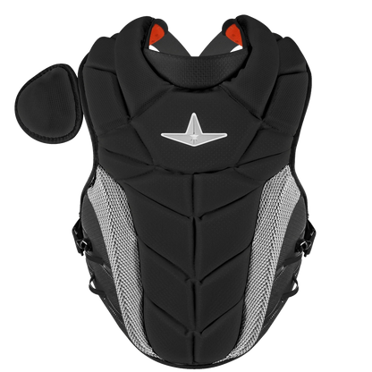 Introducing the All Star PHX Paige Halstead Fastpitch Catcher’s Chest Protector: CPW-PHX—a black and gray padded chest protector by All Star, featuring mesh side panels, adjustable straps, and a removable shoulder pad. Perfect for elite catchers or protective sports use, this gear is inspired by athletes like Paige Halstead.