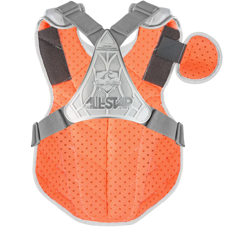 The All Star PHX Paige Halstead Fastpitch Catcher's Chest Protector (CPW-PHX) features bright orange mesh, gray shoulder straps, a detachable orange pad, and the ALL-STAR logo on a triangular central plate. Inspired by Paige Halstead.