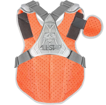 The All Star PHX Paige Halstead Fastpitch Catcher's Chest Protector (CPW-PHX) features bright orange mesh, gray shoulder straps, a detachable orange pad, and the ALL-STAR logo on a triangular central plate. Inspired by Paige Halstead.