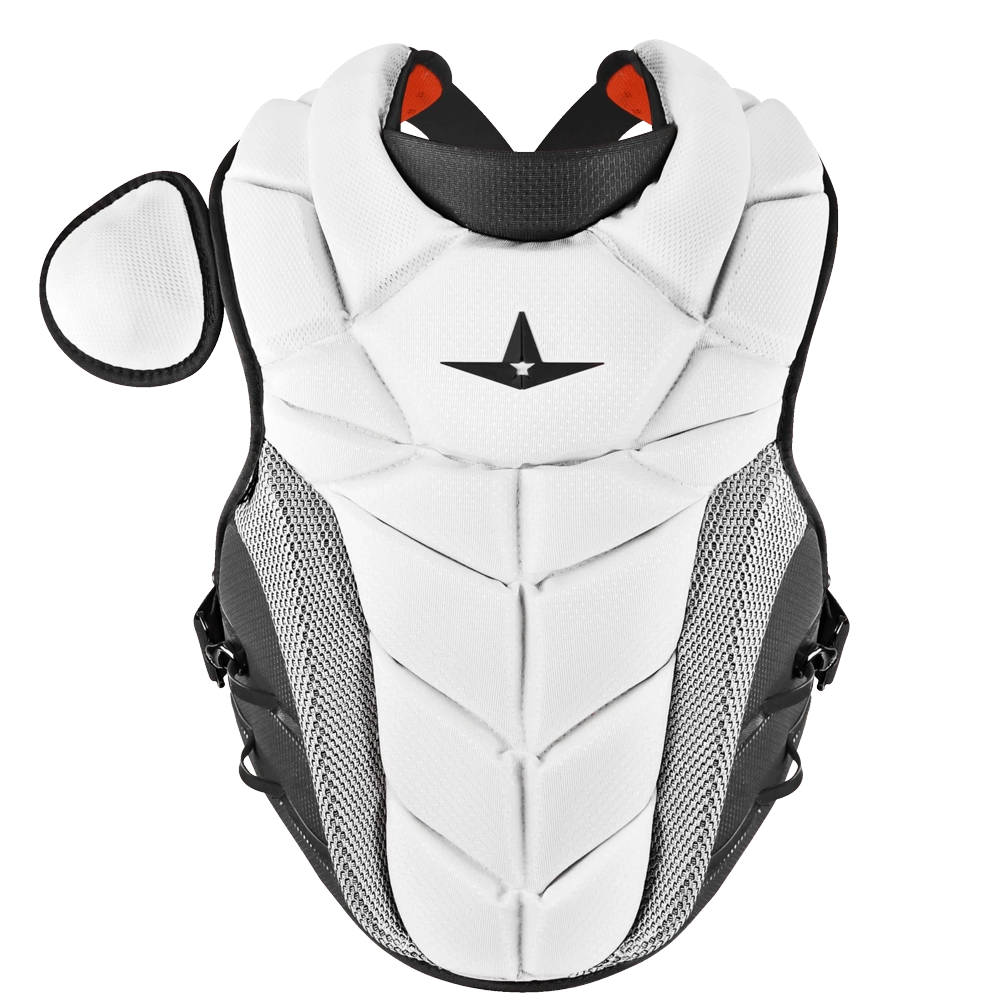 Introducing the All Star PHX Paige Halstead Fastpitch Catcher’s Chest Protector: CPW-PHX—a white and black chest protector with shoulder padding and breathable mesh sides, inspired by elite catchers gear. Designed for serious sports use, this All Star protector is perfect for athletes who want to play like Paige Halstead.