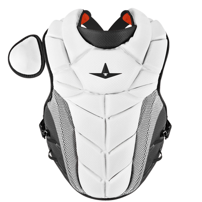 Introducing the All Star PHX Paige Halstead Fastpitch Catcher’s Chest Protector: CPW-PHX—a white and black chest protector with shoulder padding and breathable mesh sides, inspired by elite catchers gear. Designed for serious sports use, this All Star protector is perfect for athletes who want to play like Paige Halstead.