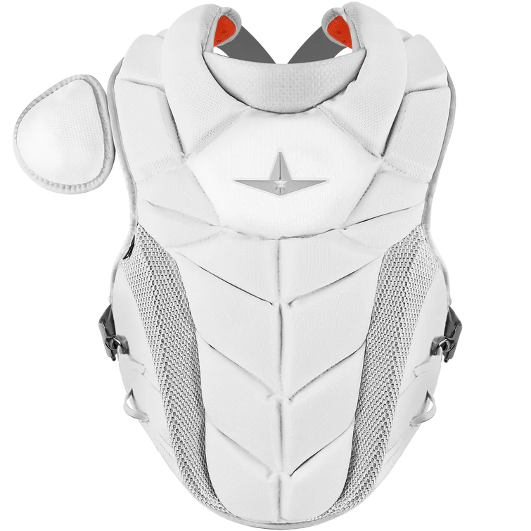 The All Star PHX Paige Halstead Fastpitch Catcher's Chest Protector (CPW-PHX) features white padding, gray mesh sides, angular panels, and an attached shoulder pad for top sports protection.