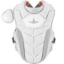 The All Star PHX Paige Halstead Fastpitch Catcher's Chest Protector (CPW-PHX) features white padding, gray mesh sides, angular panels, and an attached shoulder pad for top sports protection.