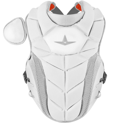 The All Star PHX Paige Halstead Fastpitch Catcher's Chest Protector (CPW-PHX) features white padding, gray mesh sides, angular panels, and an attached shoulder pad for top sports protection.