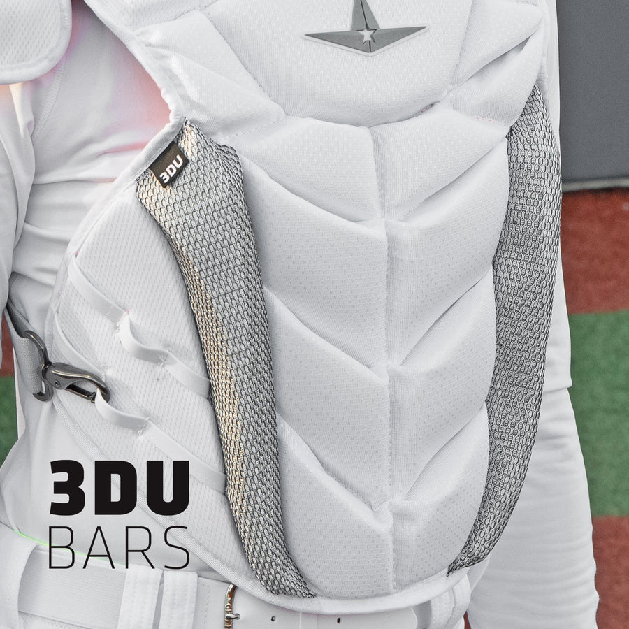 A close-up of a person wearing the All Star PHX Paige Halstead Fastpitch Catcher's Chest Protector: CPW-PHX in white with gray mesh panels. The 3DU BARS text appears in the bottom left, reflecting Paige Halstead's style.
