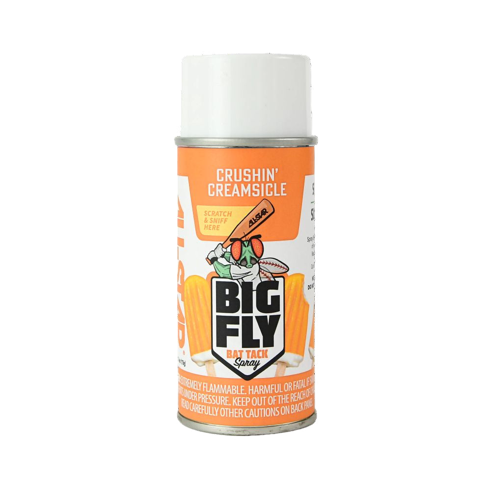 A can of All Star Big Fly Bat Tack Spray: BFSP1 in Crushin’ Creamsicle scent. The orange and white label features popsicles, a cartoon fly with sunglasses, and promotes All-Star bat grip for a fresh hold.
