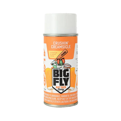 A can of All Star Big Fly Bat Tack Spray: BFSP1 in Crushin’ Creamsicle scent. The orange and white label features popsicles, a cartoon fly with sunglasses, and promotes All-Star bat grip for a fresh hold.