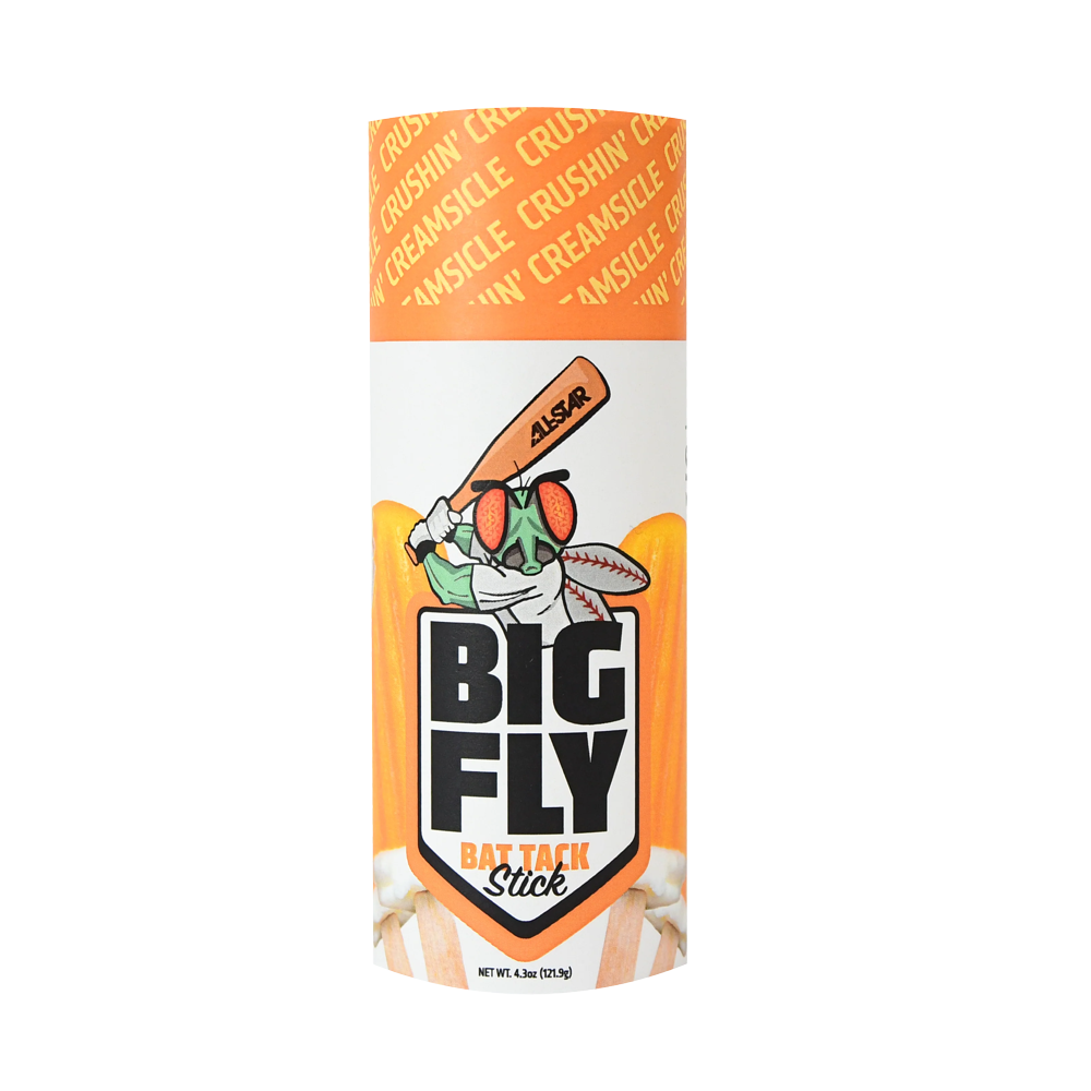 The All Star Big Fly Bat Tack Stick: BFST1 features a cartoon fly, orange top with repeating "CREAMSICLE CRUSHIN" text, and fun popsicle graphics—perfect for your next All Star bat grip.