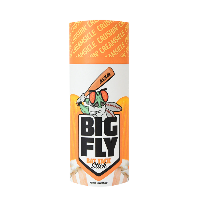 The All Star Big Fly Bat Tack Stick: BFST1 features a cartoon fly, orange top with repeating "CREAMSICLE CRUSHIN" text, and fun popsicle graphics—perfect for your next All Star bat grip.