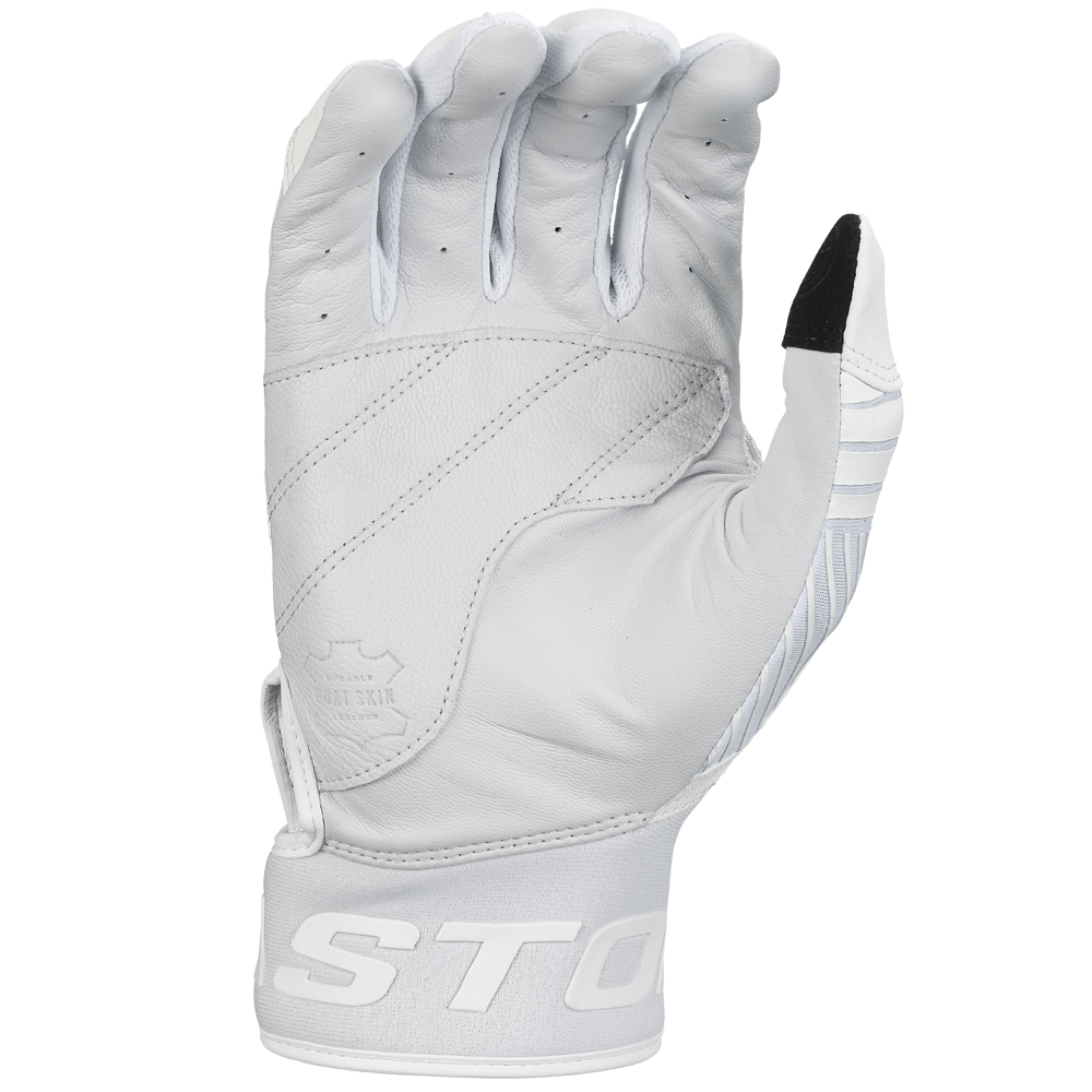 The Easton Walk Off Ethos Youth Batting Gloves (WO25YBG) are white leather with black on the index fingertip, visible stitching, finger ventilation holes, and a wrist strap partially showing the EASTON logo—ideal for young players.