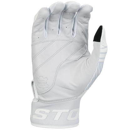 The Easton Walk Off Ethos Youth Batting Gloves (WO25YBG) are white leather with black on the index fingertip, visible stitching, finger ventilation holes, and a wrist strap partially showing the EASTON logo—ideal for young players.