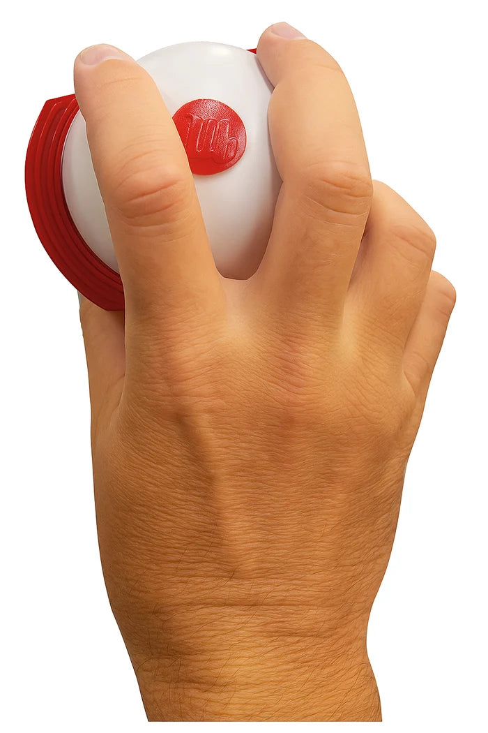 A hand grips a white Markwort Big League Curve Training Baseball: CURVE, featuring a red finger-placement guide on top for flex-fin design training.
