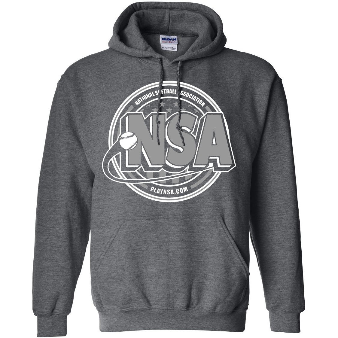 The DSG Apparel National Softball Association NSA Crest HeavyBlend Hoodie features a bold white and gray NSA logo with a softball and PLAYNSA.COM below—ideal for any softball fan.