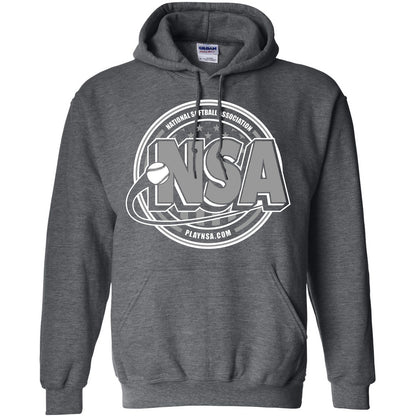 The DSG Apparel National Softball Association NSA Crest HeavyBlend Hoodie features a bold white and gray NSA logo with a softball and PLAYNSA.COM below—ideal for any softball fan.