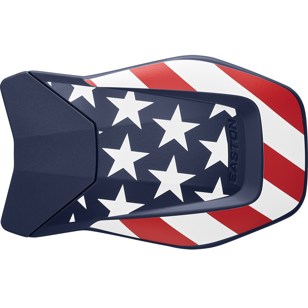 The Easton Multi-Adjust Jaw Guard (MULTIADJG) by Easton features a navy blue, red, and white American flag design with white stars and red stripes, and easily attaches to batting helmets for added protection.
