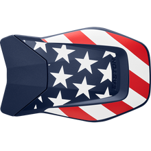 The Easton Multi-Adjust Jaw Guard (MULTIADJG) by Easton features a navy blue, red, and white American flag design with white stars and red stripes, and easily attaches to batting helmets for added protection.