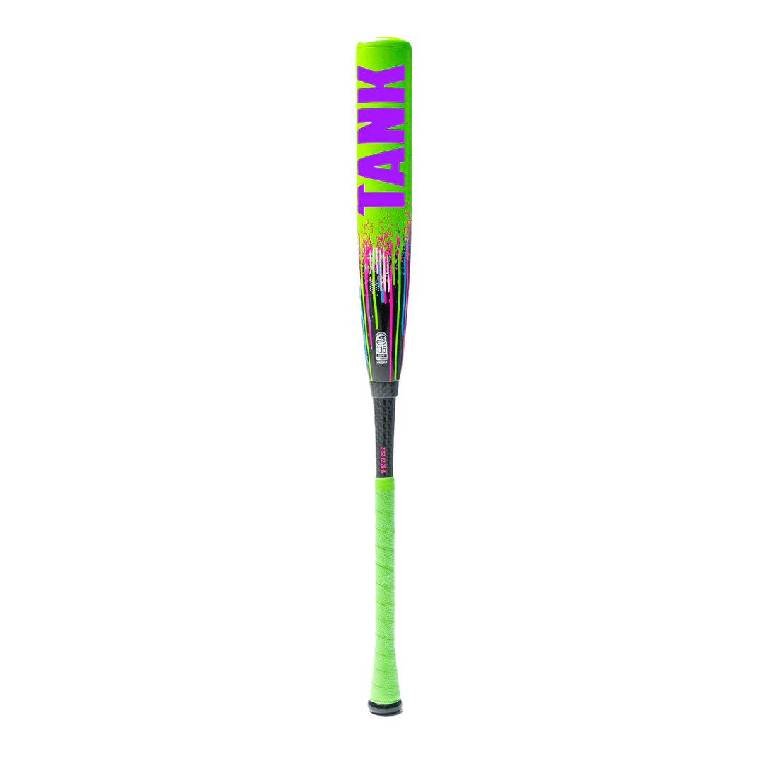 The 2026 Soldier Tank Double Wall (-8) USSSA Baseball Bat by Soldier Sports features a neon green design, “TANK” in bold purple near the barrel, a composite barrel with pink and white accents, and a green handle grip.