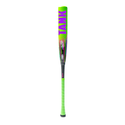 The 2026 Soldier Tank Double Wall (-8) USSSA Baseball Bat by Soldier Sports features a neon green design, “TANK” in bold purple near the barrel, a composite barrel with pink and white accents, and a green handle grip.