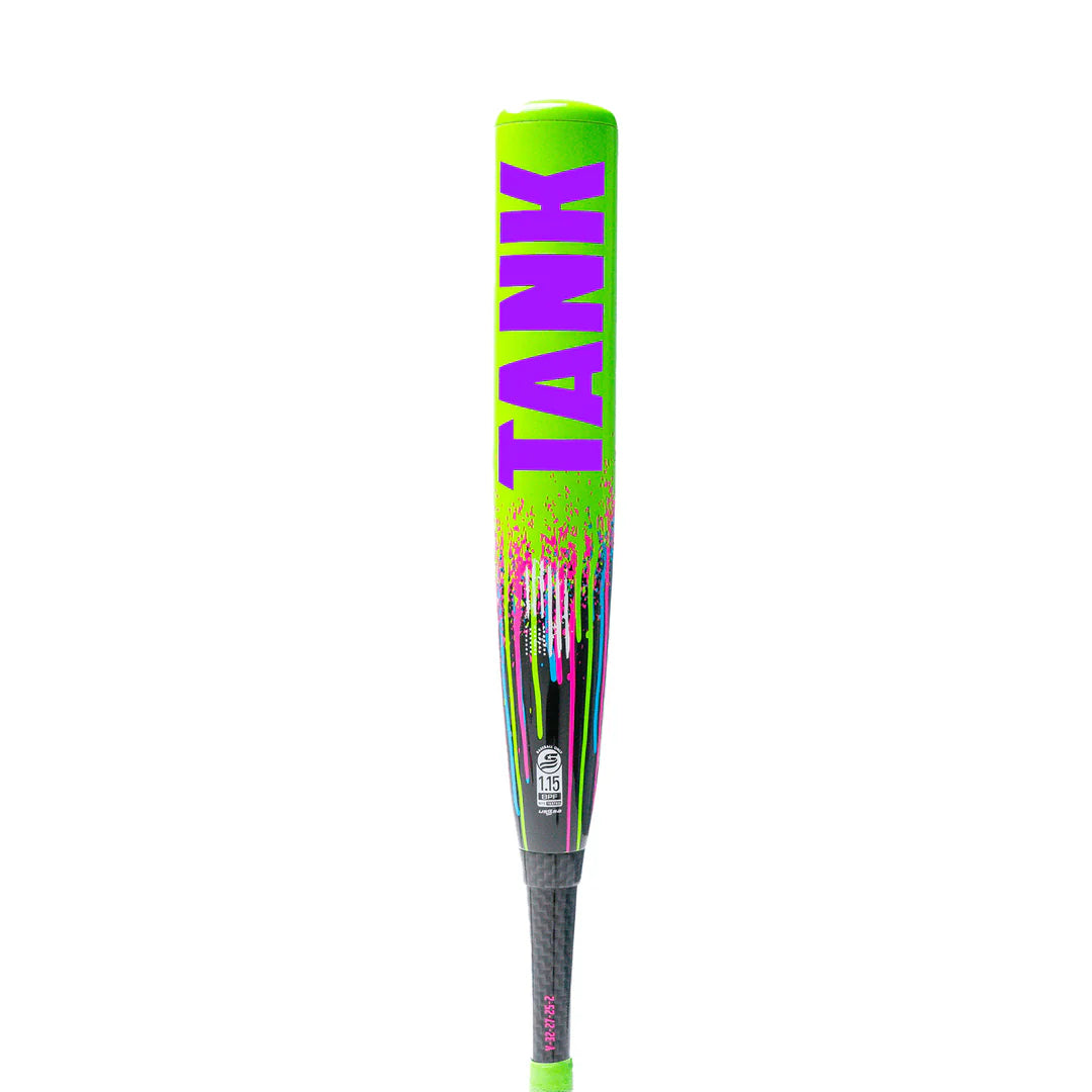 The 2026 Soldier Tank Double Wall (-8) 2 3/4" USSSA Baseball Bat by Soldier Sports features a neon green and black design, composite barrel, large purple "TANK" lettering, and colorful paint splatter near the top.