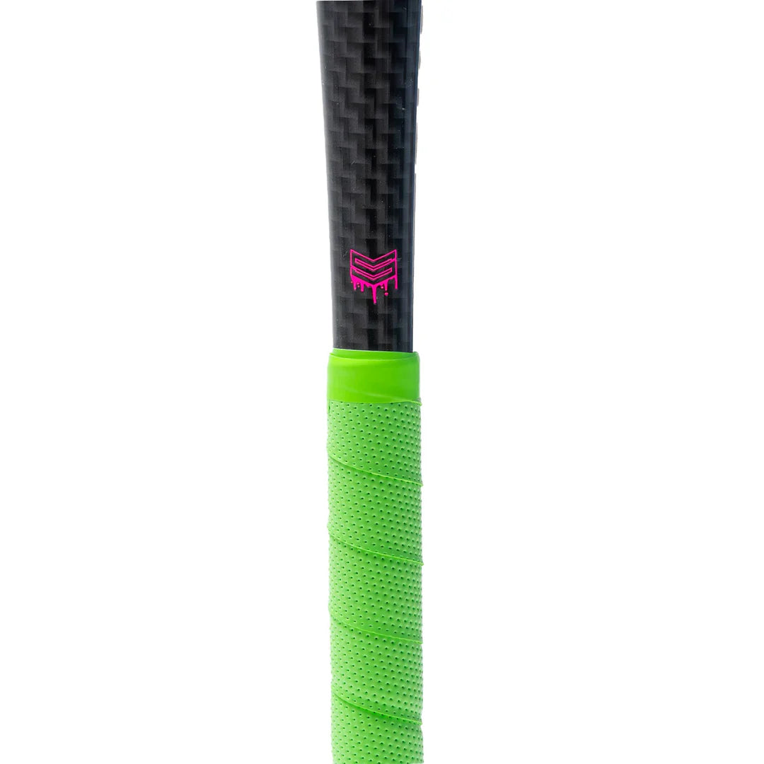 Close-up of the Soldier Sports 2026 Soldier Tank Double Wall (-8) USSSA Baseball Bat handle with a black carbon fiber barrel design, pink logo, and bright green textured grip wrapping around the lower section.