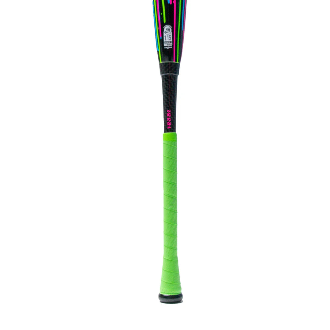 A close-up of the Soldier Sports 2026 Soldier Tank Double Wall (-8) 2 3/4" USSSA Baseball Bat shows a bright green grip, a black lower section, and neon green and pink accents on the composite barrel against a white background.