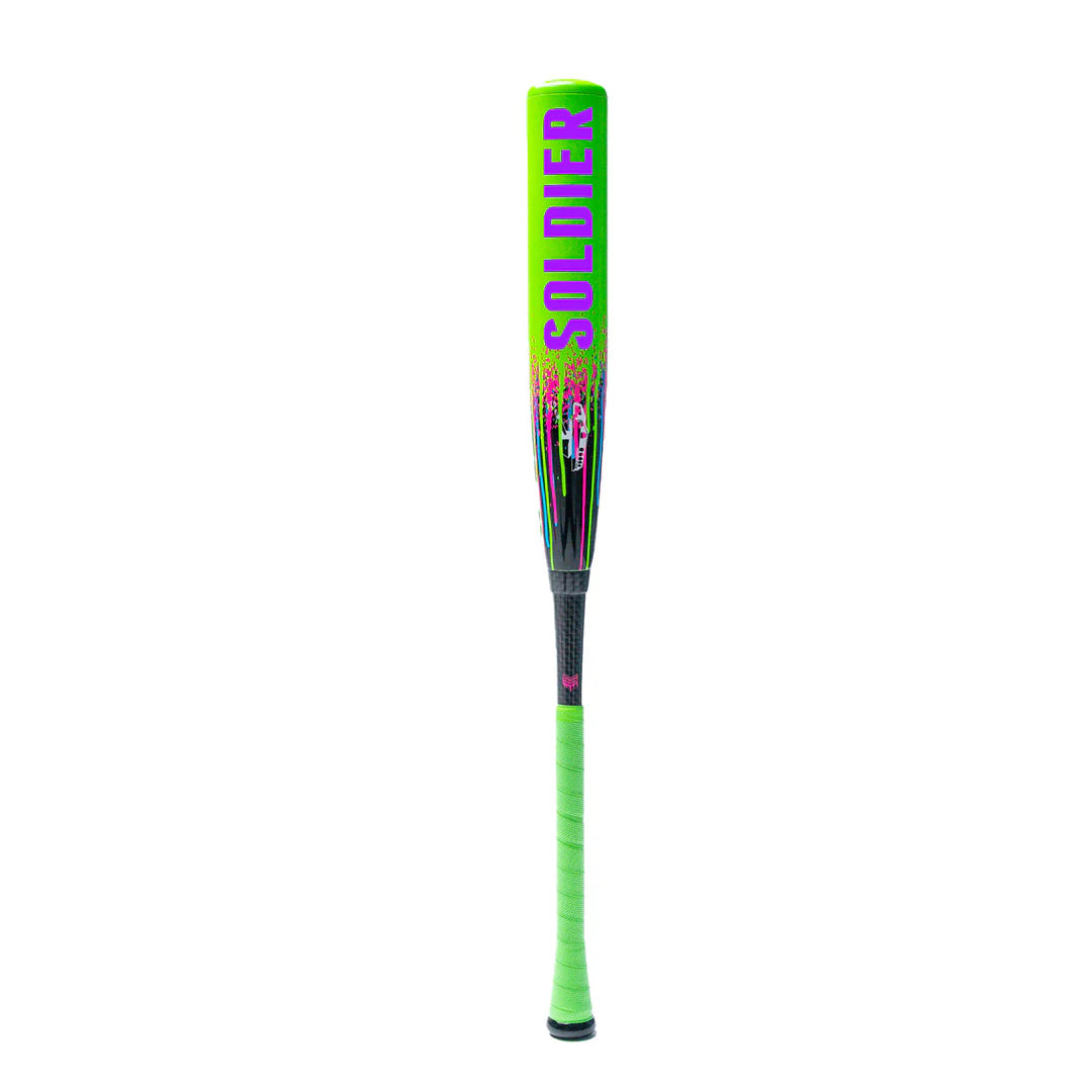 The 2026 Soldier Tank Double Wall (-8) 2 3/4" USSSA Baseball Bat by Soldier Sports features a neon green barrel with bold pink SOLDIER lettering, black and pink graphic accents, and a green handle grip.