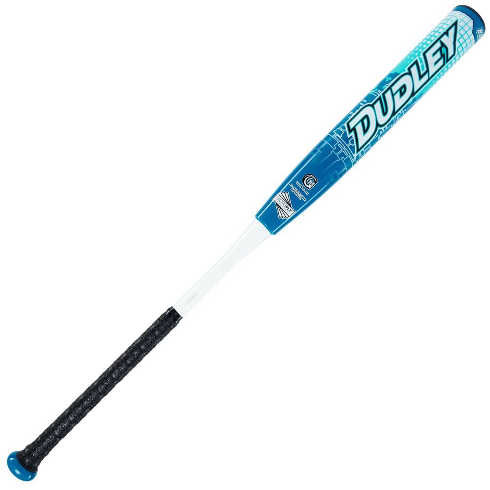 The 2023 Dudley Doom 12" Balanced SSUSA Senior Slowpitch Softball Bat (DDSR3B2) features advanced Grip Spin Technology in a blue and white design.