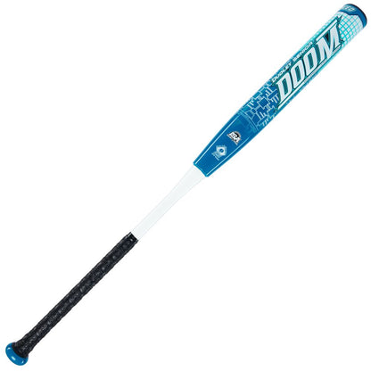 The 2023 Dudley Doom 12" Balanced SSUSA Senior Slowpitch Softball Bat (DDSR3B2) by Dudley features a blue and white design with "DOOM" in large barrel letters and a black textured handle with Grip Spin Technology.