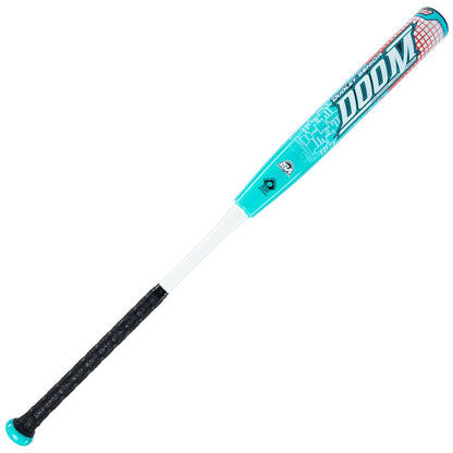 The 2023 Dudley Doom 12" Endloaded SSUSA Senior Slowpitch Softball Bat (DDSR3E2) by Dudley features Grip Spin Technology, a black grip, white handle, and turquoise top section with bold "DOOM" and geometric patterns.