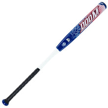 The 2023 Dudley Doom 12" Max Power Load SSUSA Senior Slowpitch Softball Bat (DDSR3M2) features a blue, red, and white aluminum design with a black grip and bold "DOOM" branding on the barrel, making it a standout Dudley slowpitch bat.