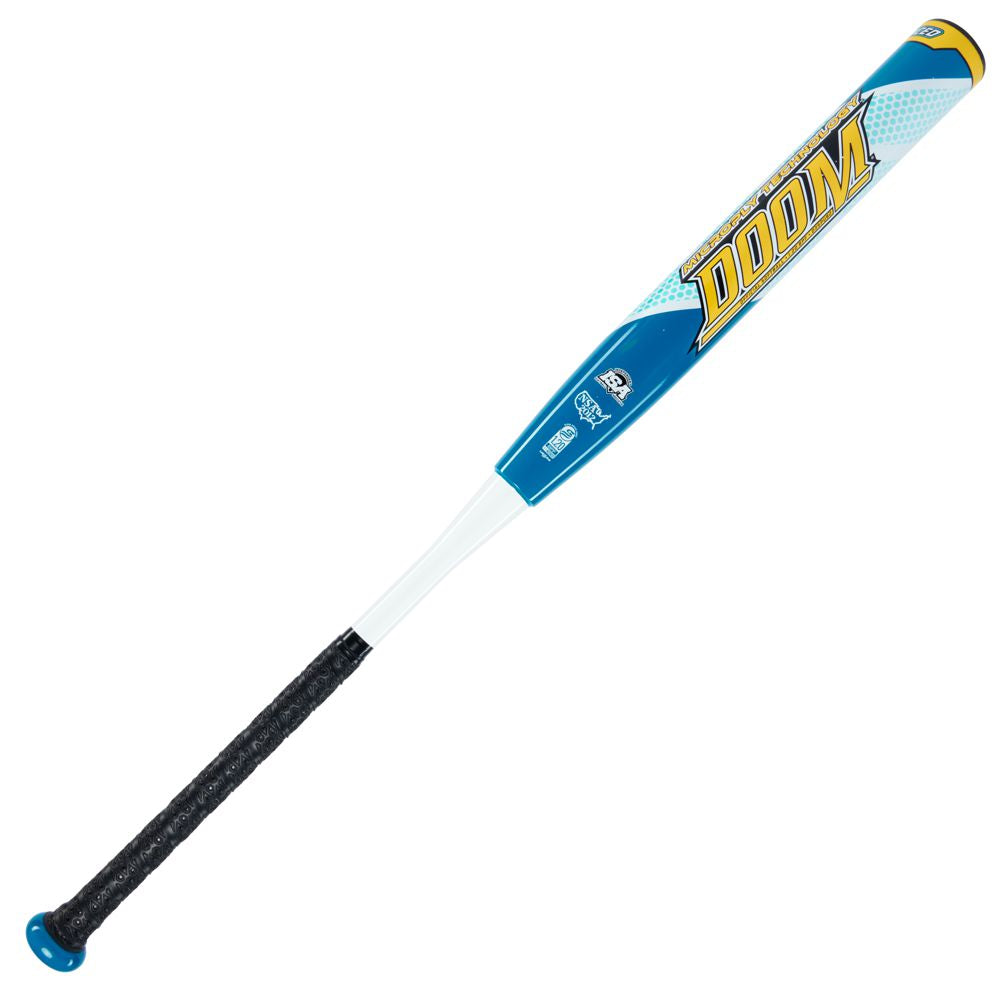 The 2023 Dudley Doom 12" Balanced NSA USSSA Slowpitch Softball Bat (D3SPUB2) features blue, white, and yellow colors, DOOM branding on the barrel, Grip Spin Technology, a black grip handle—ideal for USSSA competitions.