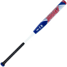 The 2023 Dudley Doom 12" Max Endload NSA USSSA Slowpitch Softball Bat (D3SPUM2) features a blue, white, and red design with "DOOM" lettering, a black textured handle grip, and advanced Grip Spin Technology for superior control.
