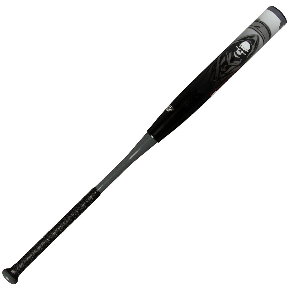 The 2025 Dudley Undertaker 12" Balanced NSA USSSA Slowpitch Softball Bat by Dudley features a black and gray aluminum design with a patterned grip, a white skull graphic near the barrel, and is USSSA approved.