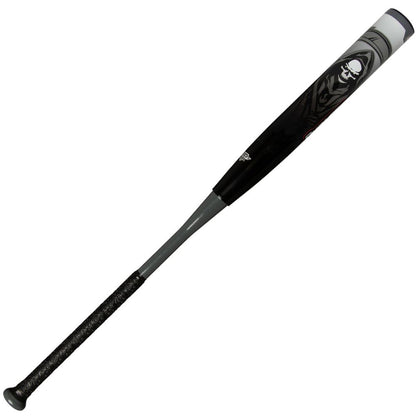 The 2025 Dudley Undertaker 12" Balanced NSA USSSA Slowpitch Softball Bat by Dudley features a black and gray aluminum design with a patterned grip, a white skull graphic near the barrel, and is USSSA approved.