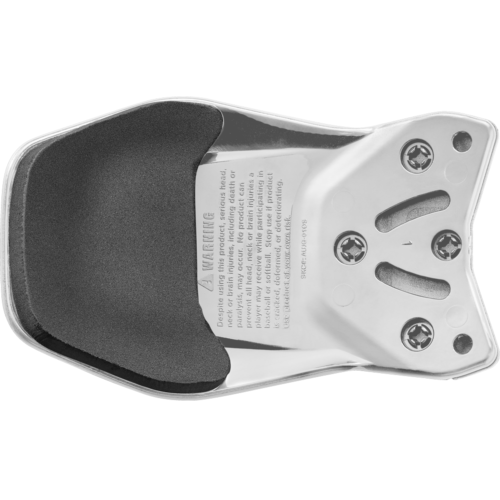 A close-up of the Easton Multi-Adjust Jaw Guard (MULTIADJG) displays screws, adjustment slots, and padded black sections. Like Easton's cycling cleats, detailed safety warning text is visible, reflecting the brand’s commitment to safety and quality.