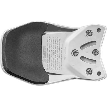 A close-up of the Easton Multi-Adjust Jaw Guard (MULTIADJG) displays screws, adjustment slots, and padded black sections. Like Easton's cycling cleats, detailed safety warning text is visible, reflecting the brand’s commitment to safety and quality.