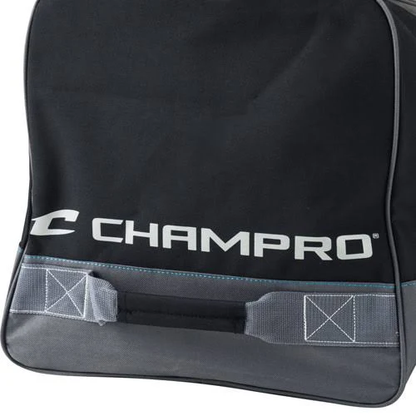 A close-up of the Champro Sports Ultimate Carry All Equipment Bag (E85) in black, featuring gray stitching, a reinforced handle, and the Champro logo printed in white on the side.